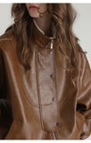 Spring Autumn Cool Oversized Brown Black Faux Leather Bomber Jacket Women Zip Up Luxury Designer Unisex Clothes