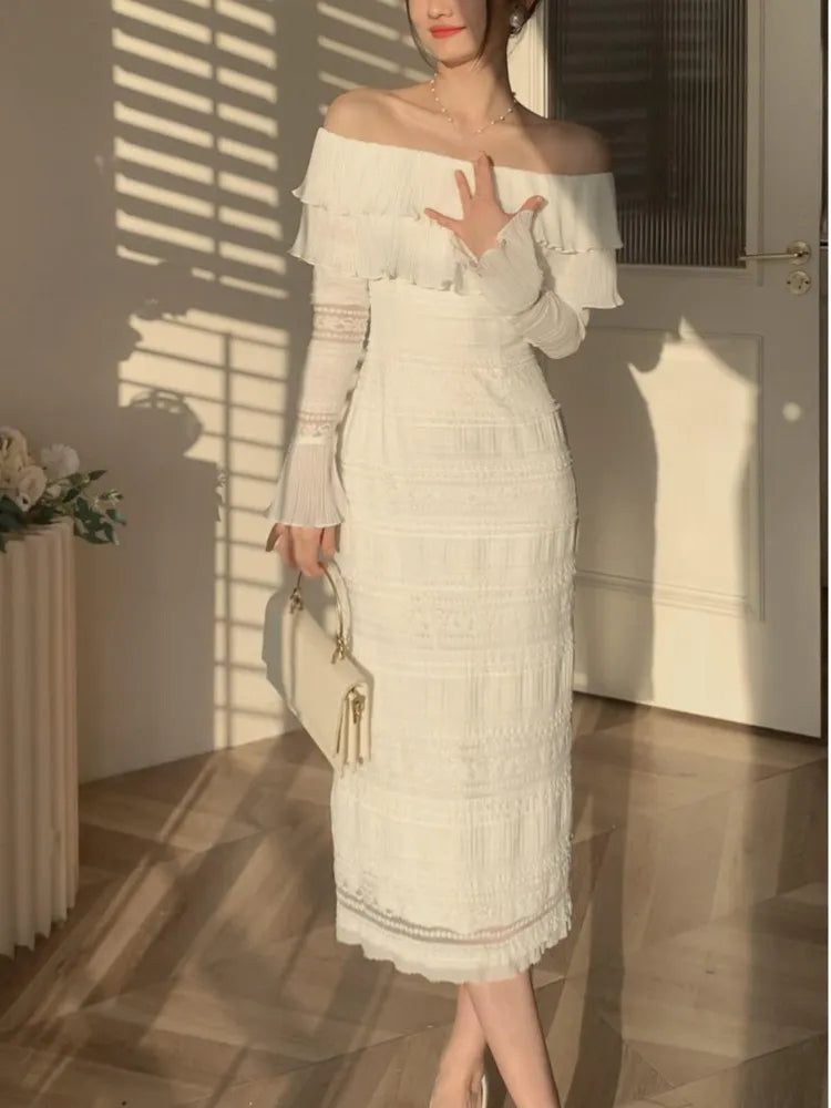 Elegant White Midi Dress Office Lady Long Sleeve Sexy Beach Party Bodycon Dress Women Chic Summer One Piece Dress Korean