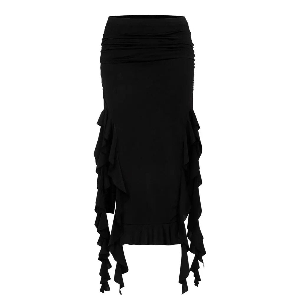 Tassel Summer Female Long Skirt Ruffled High Waist Broken High Split Fashion Pleated Sexy Solid Patchwork Maxi Skirt
