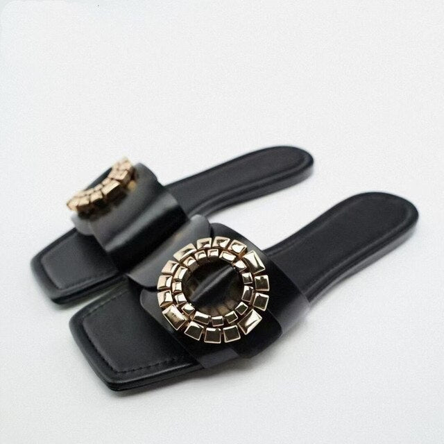 goosudu Women's Summer Gold Kbot Flat Sandal Sexy Thin Straps Luxury Slippers Square Toe Flip Flops Casual Beach Flats