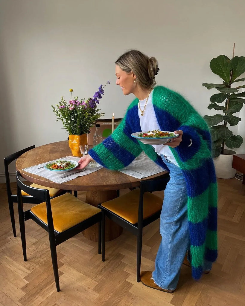 Stripe Women Knit Splice Cardigans Loose Autumn Winter Vintage Full Sleeve Long Coat Ladies Casual Street Jacket Knitwear