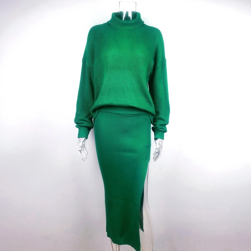 Knit Two Piece Sets Womens Outfits Casual Autumn Winter Turtleneck Sweater And Midi Skirt Sets Ladies Matching Sets