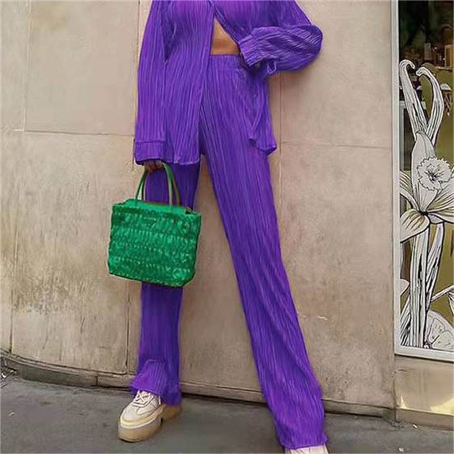 Women Pleated 2 Piece Pants Sets Spring Summer Streetwear Long Sleeve Button Down Shirt+Straight-Leg Pants Loose Outfits