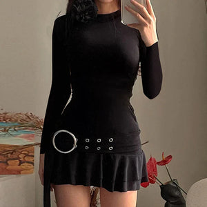 Korean Ruffles Short Dress Autumn Spring Long Sleeve O Neck 3D Flower Decorated Pleated Mini Dress with Belt Vintage Streetwear
