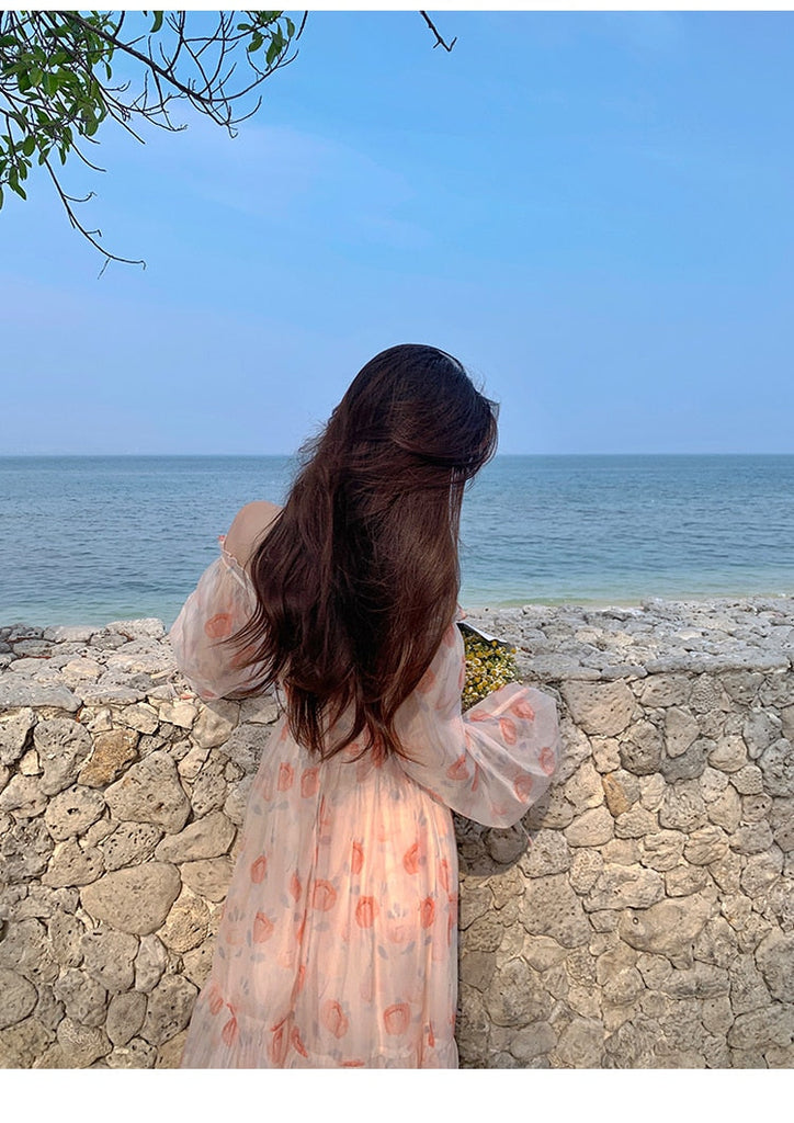 Holiday Pink Beach Dress Long Sleeve Floral Dress Women's Summer A-line Midi Princess Sweet Fairy Dress Sundress Femme Robe