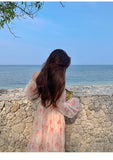 Holiday Pink Beach Dress Long Sleeve Floral Dress Women's Summer A-line Midi Princess Sweet Fairy Dress Sundress Femme Robe