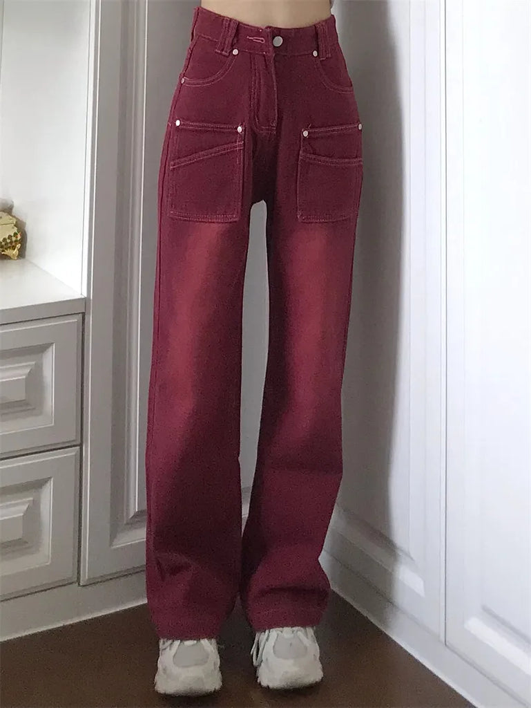 High Street Streetwear Baggy Jeans Women Denim Trousers High Waist Y2k Vintage Washed Distressed Wide Leg Mopping Red Pants
