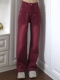 High Street Streetwear Baggy Jeans Women Denim Trousers High Waist Y2k Vintage Washed Distressed Wide Leg Mopping Red Pants