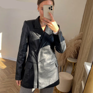 Goosudu  Autumn New Leather Blazer Jacket Women Spring PU Single Button Coat Fit Waist Motorcycle Fashion Jackets Street Outwear