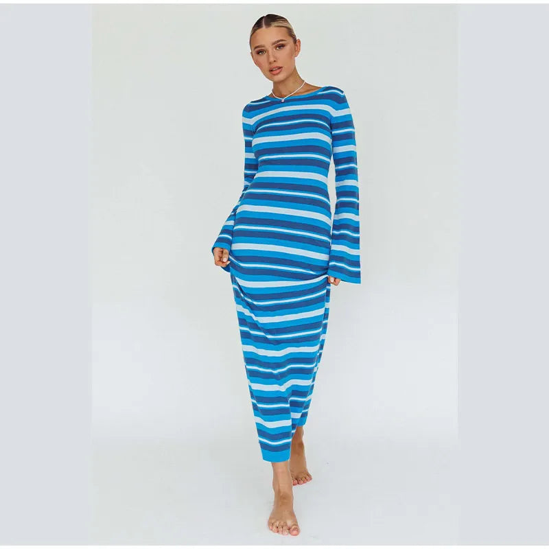 Sexy Backless Lace Up Women Striped Knitted Dress Fashion Slim O-neck Long Sleeve Midi Dresses Autumn Lady Chic Streetwear