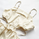 goosudu Spaghetti Strap Waist Hollow Out Beige Summer Maxi Long Dress Solid Elegant Backless Sundress Casual Women Dress