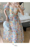 goosudu Women's Summer Floral Dress Spaghetti Strap Dress Backless Puff Sleeves Sweet A-line Off Shoulder Midi Dress Holiday