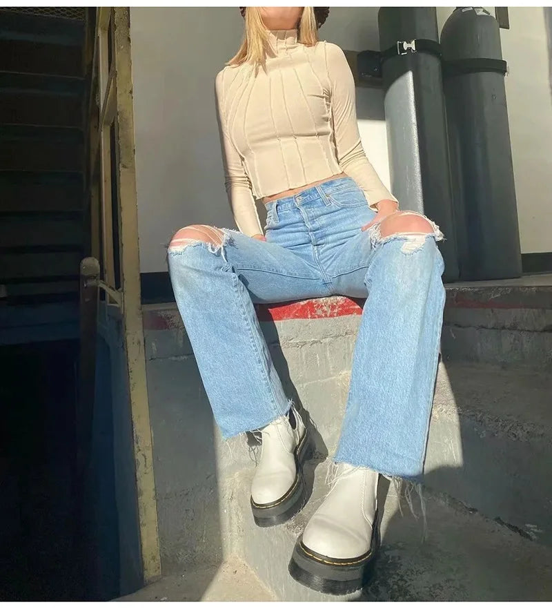 Ripped Jeans For Women  Streetwear Straight Denim Pants High Waist Long Denim Trousers Women Hollow Out Jeans