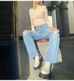 Ripped Jeans For Women  Streetwear Straight Denim Pants High Waist Long Denim Trousers Women Hollow Out Jeans