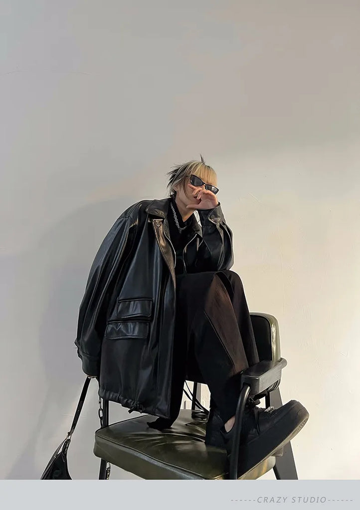 Spring Autumn Black Oversized Faux Leather Jackets for Women Zippper Loose Cool Casual Soft Pu Leather Jacket