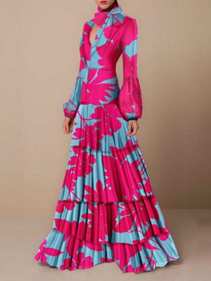 goosudu  Retro Floral Leopard Print Long Dress Spring Autumn Women Long Sleeve Maxi Dress High Fashion Halter Hollow Out Party Dress