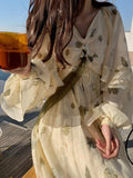 Frehcn Vintage Floral Midi Dress Office Lady V-Neck Casual Beach Party Dress Women Summer Chiffon One Piece Dress Korean