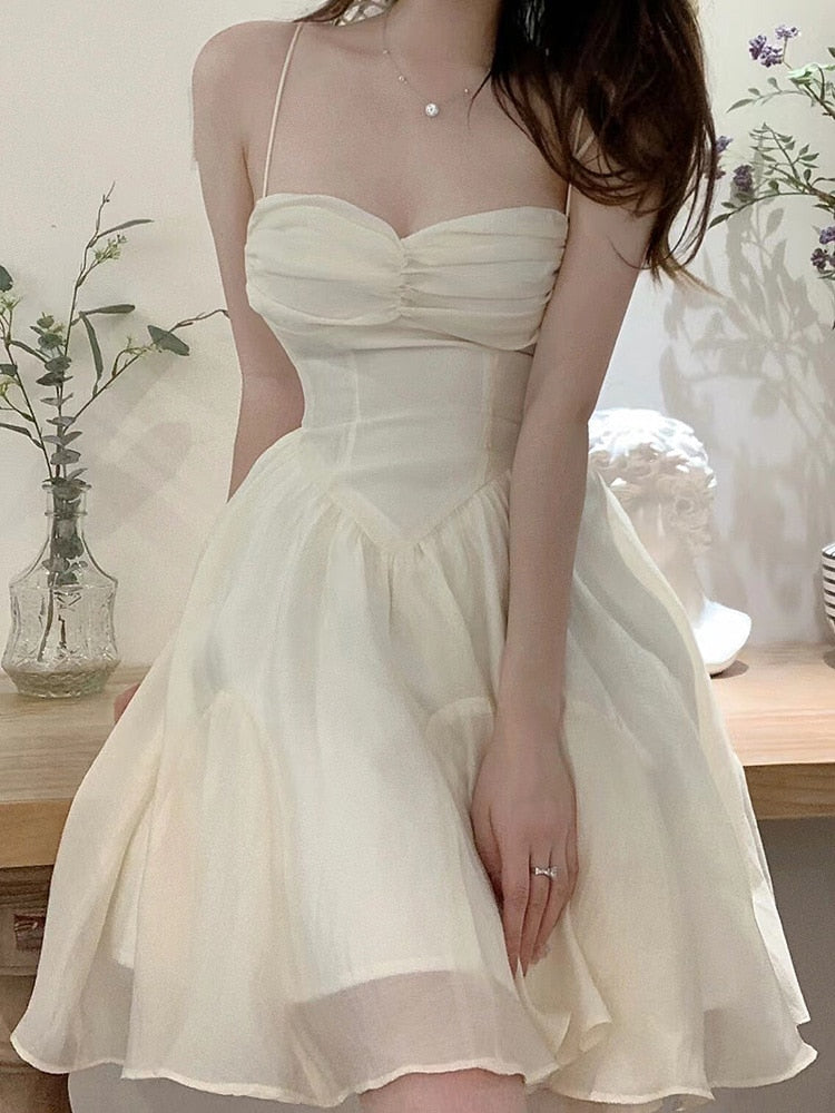 goosudu Fairy Dress Summer Spaghetti Strap Dress Pleated Backless Corset Dress High Waist Slim Short A-Line Dress Gauze Women's Spring Clothing