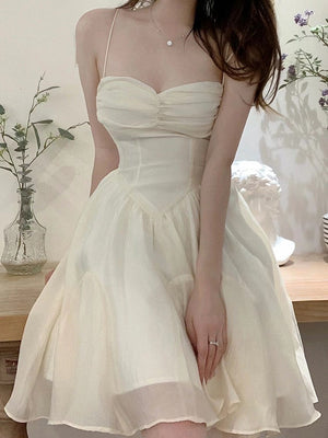 goosudu Fairy Dress Summer Spaghetti Strap Dress Pleated Backless Corset Dress High Waist Slim Short A-Line Dress Gauze Women's Spring Clothing