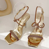 Fashion Golden Silver Rhinestone Women's Sandals Summer Party Wedding Shoes Open Toe Buckle Strap Transparent High Heels