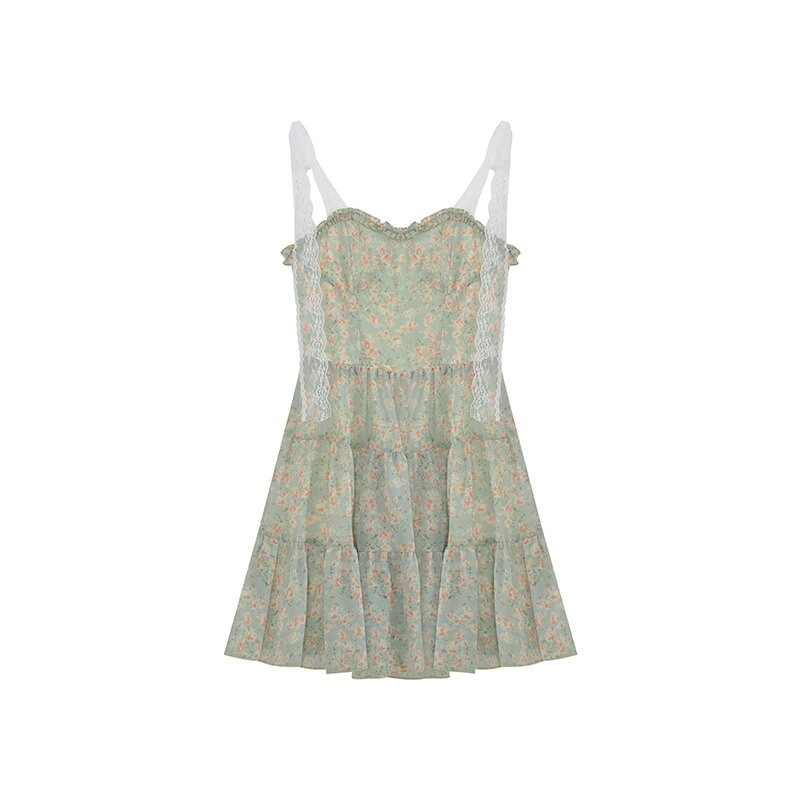 Lace Spaghetti Strap Dress Stitching Women's Summer Sweet French Floral Dress A Line Mini High Waist Sexy Beach Dress Clothing