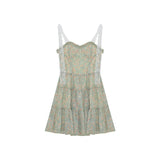 Lace Spaghetti Strap Dress Stitching Women's Summer Sweet French Floral Dress A Line Mini High Waist Sexy Beach Dress Clothing