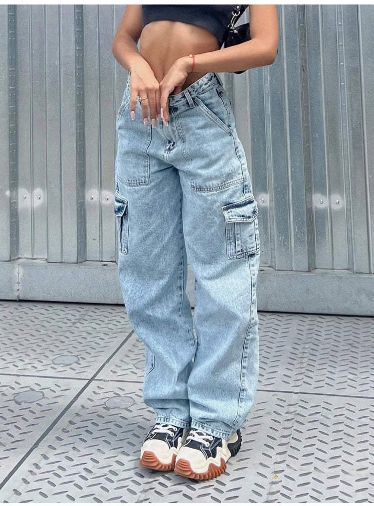 Women High Waist Baggy Jeans Flap Pocket Side Relaxed Fit Straight Wide Leg Cargo Jeans Slim Streetwear Boyfriend Jeans Trousers