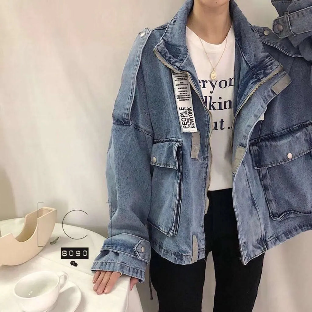 Retro Denim Coat for Women Short Loose Letter Student Harajuku Lady's Denim Jackets Hiphop Spring and Autumn Cowboy Old Outwear