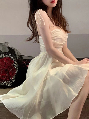 goosudu Fairy Dress Summer Spaghetti Strap Dress Pleated Backless Corset Dress High Waist Slim Short A-Line Dress Gauze Women's Spring Clothing