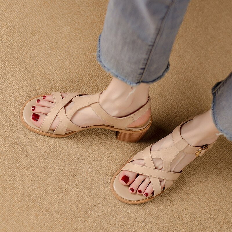 Women Sandals Thick Heels Genuine Leather Ankle Strap Shoes Woman Office Ladies Party Casual Golden Pumps Spring Summer Fashion