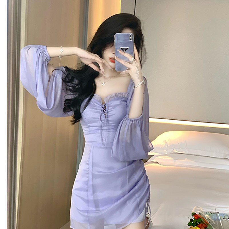 Korean Summer Designer Chiffon Lace Lolita Dress Women Elegant Long Sleeve Sexy Shirring Skinny Mini Dress Woman Bandage Dresses