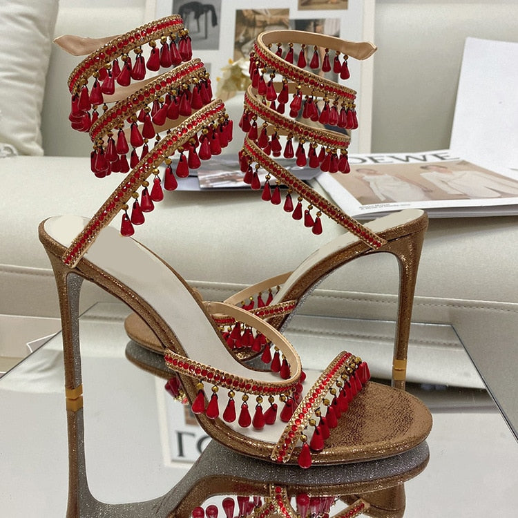 Brand Dress Runway Crystal Pendant Sandals Snake-shaped Ribbon Sexy 9.5cm High Heel Roman Open-toe Hollow High-top Cool Boots