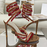 Brand Dress Runway Crystal Pendant Sandals Snake-shaped Ribbon Sexy 9.5cm High Heel Roman Open-toe Hollow High-top Cool Boots