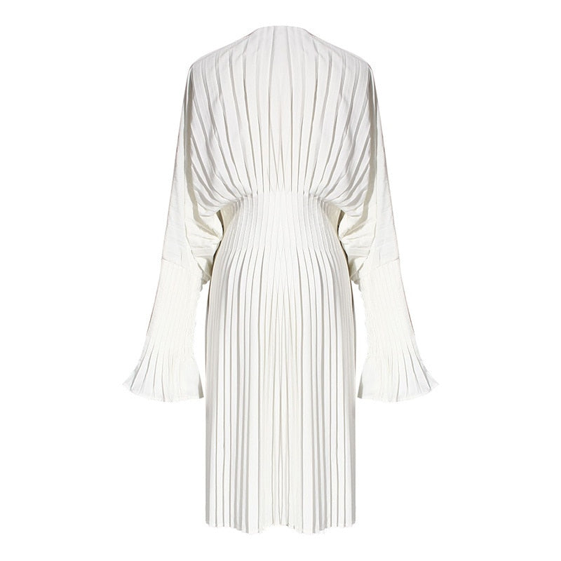 goosudu Vintage Pleated Dress Women Flare Long Sleeve V Neck Dresses Female Fashion Clothes Spring Summer New