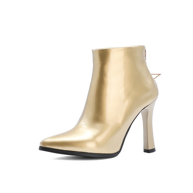 Largest Size 49 50 Women Thin High Heels Short Boots Fall Shoes Woman Shiny Patent Leather Hot Pink Gold Boot Lady Bootie Female