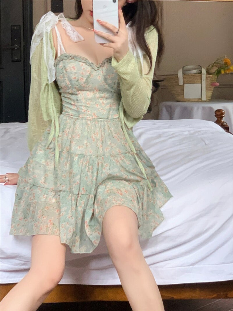 Lace Spaghetti Strap Dress Stitching Women's Summer Sweet French Floral Dress A Line Mini High Waist Sexy Beach Dress Clothing