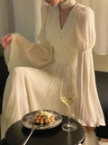 Spring Elegant V-Neck Midi Dress Office Lady Long Sleeve Casual One Piece Dress Korean French Vintage Chiffon Dress Women