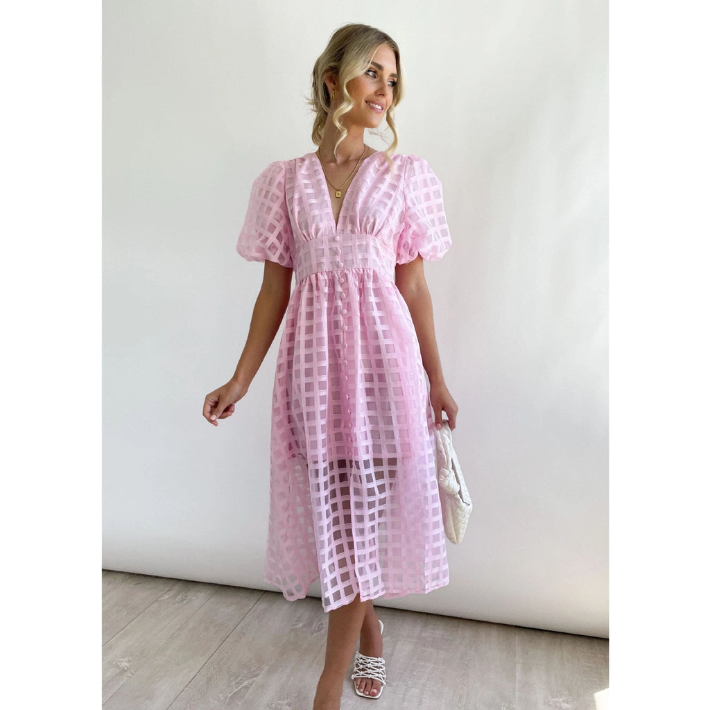 Lantern Sleeve Breasted Rose Red Vintage A-line Party Dress Plaid Transparent Zip Waist Elastic Summer Midi Boho Dress