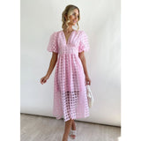 Lantern Sleeve Breasted Rose Red Vintage A-line Party Dress Plaid Transparent Zip Waist Elastic Summer Midi Boho Dress