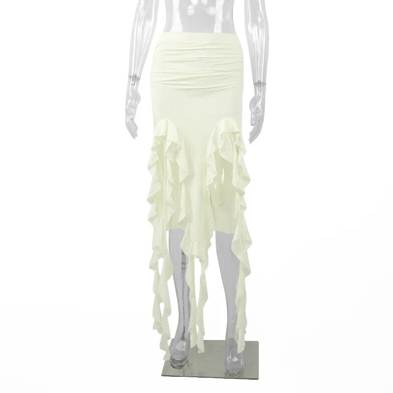 Tassel Summer Female Long Skirt Ruffled High Waist Broken High Split Fashion Pleated Sexy Solid Patchwork Maxi Skirt