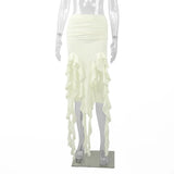 Tassel Summer Female Long Skirt Ruffled High Waist Broken High Split Fashion Pleated Sexy Solid Patchwork Maxi Skirt