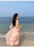 Holiday Pink Beach Dress Long Sleeve Floral Dress Women's Summer A-line Midi Princess Sweet Fairy Dress Sundress Femme Robe