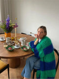 Stripe Women Knit Splice Cardigans Loose Autumn Winter Vintage Full Sleeve Long Coat Ladies Casual Street Jacket Knitwear