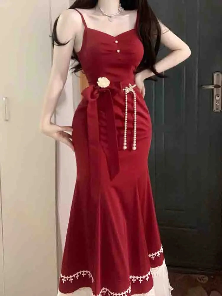 French Vintage Fairy Mermaid Dress Women Lace Korean Party Princess Strap Dress Female  Spring Court Sweet Lolita Midi Dress