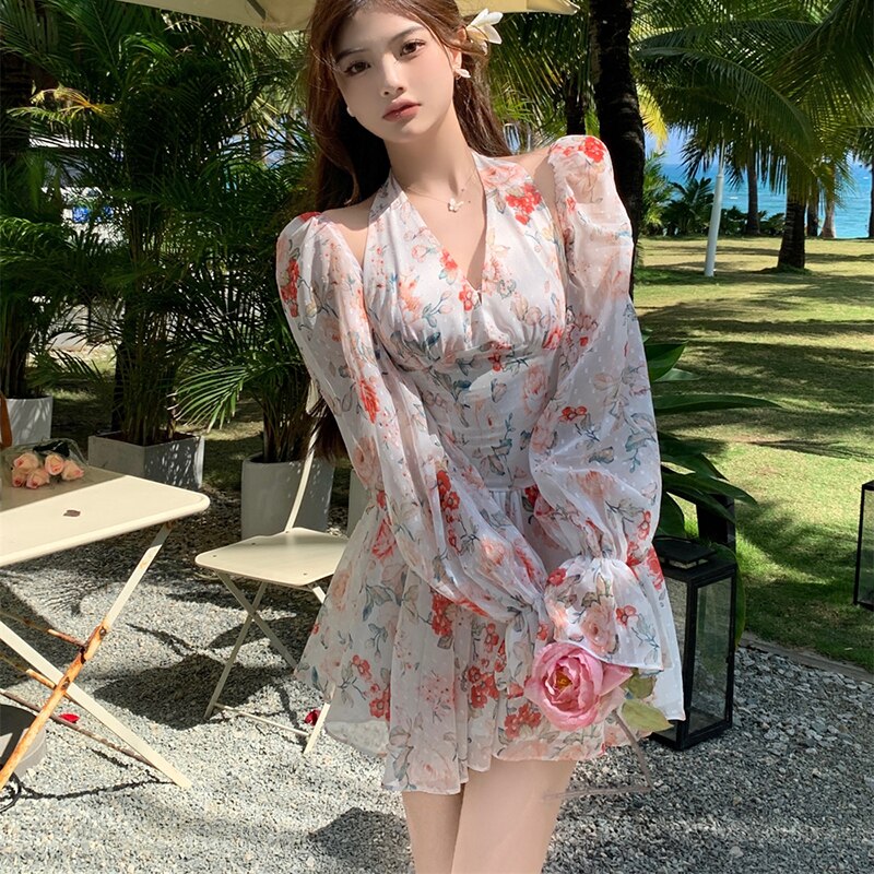 Long Sleeved Floral Dress Summer French Chiffon V-Neck Off Shoulder Slim Halterneck Mini Women Short Sundress Beachwe