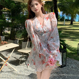 Long Sleeved Floral Dress Summer French Chiffon V-Neck Off Shoulder Slim Halterneck Mini Women Short Sundress Beachwe