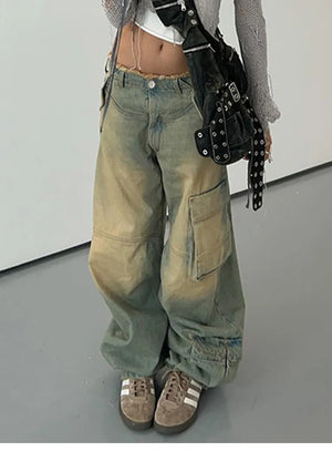 Women Jeans 90s Vintage Baggy Stitching Straight Denim Jeans Y2k Clothing High Waist Loose Long Pants Korean Fashion Streetwear