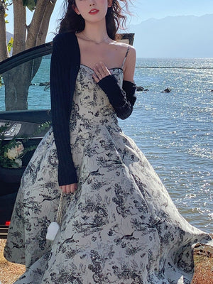 French Vintage Midi Dress Women Casual Elegant Floral Strap Dress Party Even Office Lady Slim One Piece Dress Korean Summer
