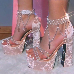 Fairy Girl's Pearl Beaded Platform Chunky Sandals Beading Necklace Chains Velvet High Heels Crystal Tassel One Line Lolita Shoes