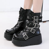 Punk Metal Buckle Platfom Ankle Boots Women Autumn PU Leather Chunky Heels Gothic Shoes Woman Thick Bottom Motorcycle Botas